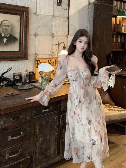 Na+ 甜美法式方領顯瘦碎花連衣裙 杏 兩款長度