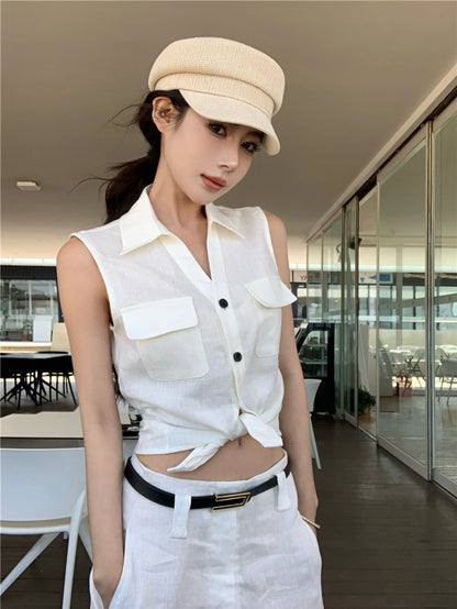 NA+ 老錢vibe 高量亞麻簡約背心/高腰休閒褲 白