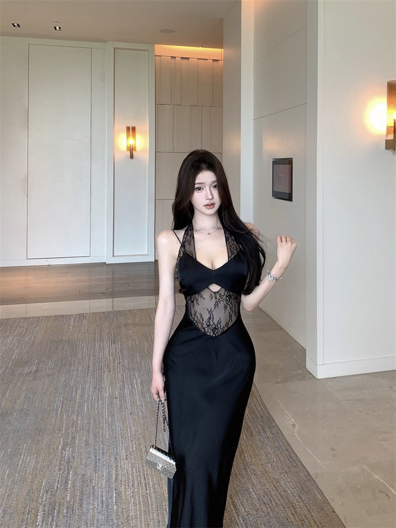 NA+ 蕾絲純欲女神 性感縷空醋酸裙 黑