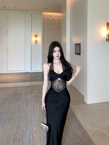 NA+ 蕾絲純欲女神 性感縷空醋酸裙 黑