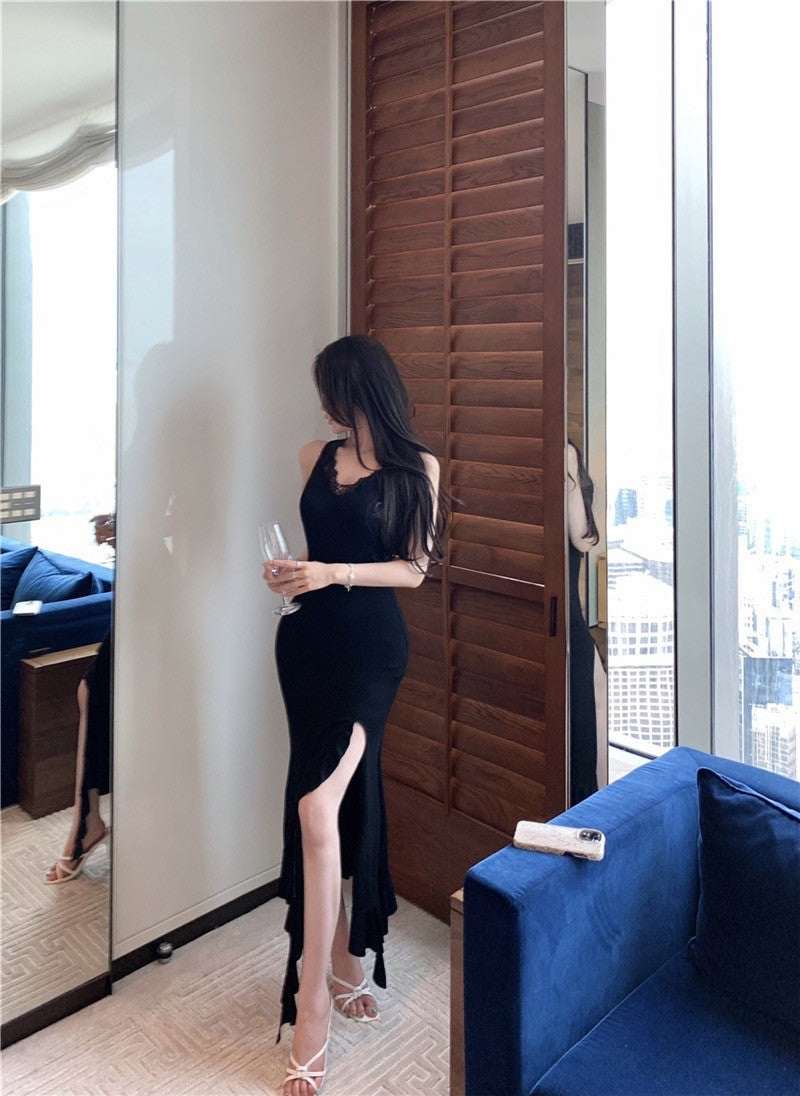 Na+ 復古貓女性感蕾絲開叉連身裙 黑