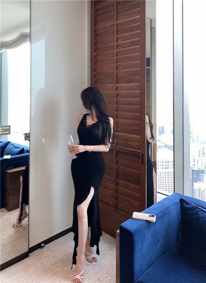 Na+ 復古貓女性感蕾絲開叉連身裙 黑