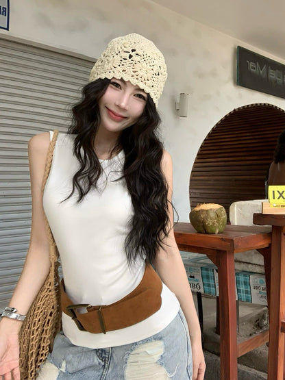 NA+ 美式簡約美腰縷空背心 白/黑