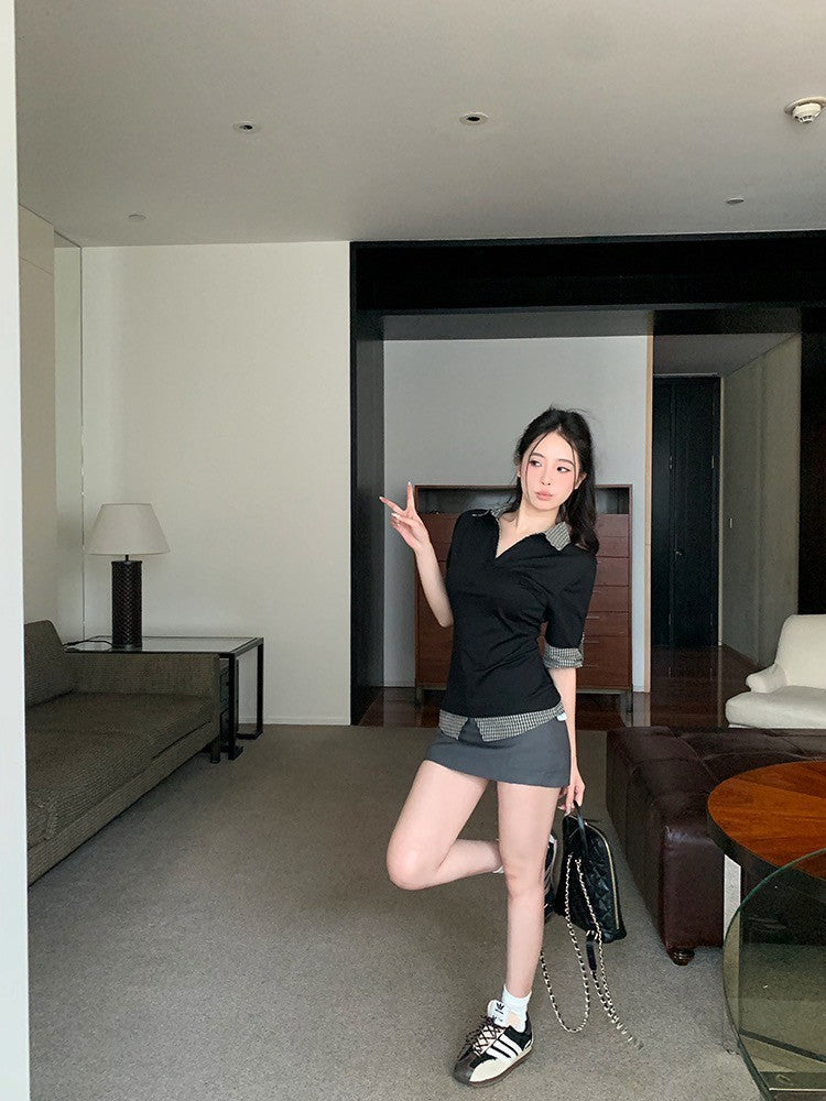 ''Na+''知性乖乖牌 polo拼色假兩件式簡約上衣