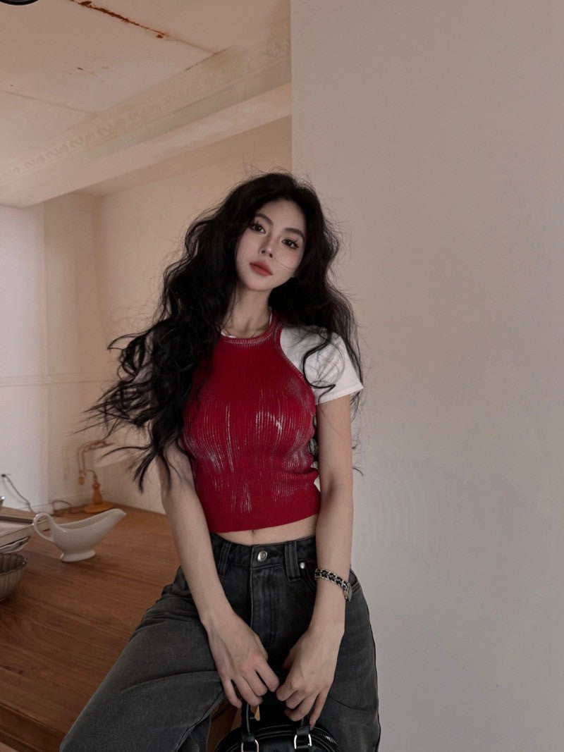 NA+ 手繪渣染彈力短款削肩背心 紅/咖