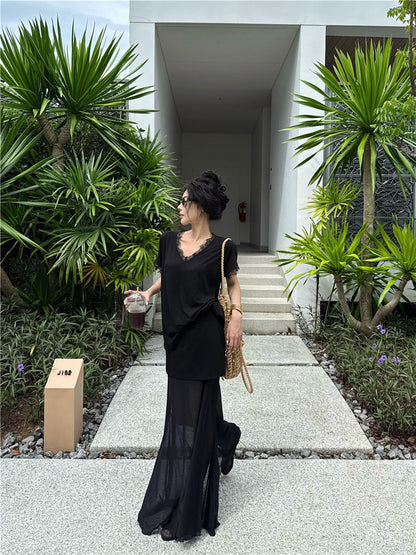 NA+ New money簡約蕾絲V領寬鬆上衣 透視拼接半身裙 白/黑