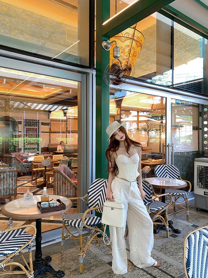 NA+ 一抹清香冷茶抹胸 刺繡闊腿褲