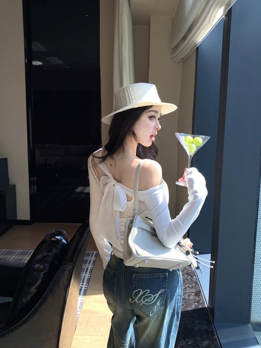 NA+ 辣妹半截縷空拼接露背綁帶上衣 白