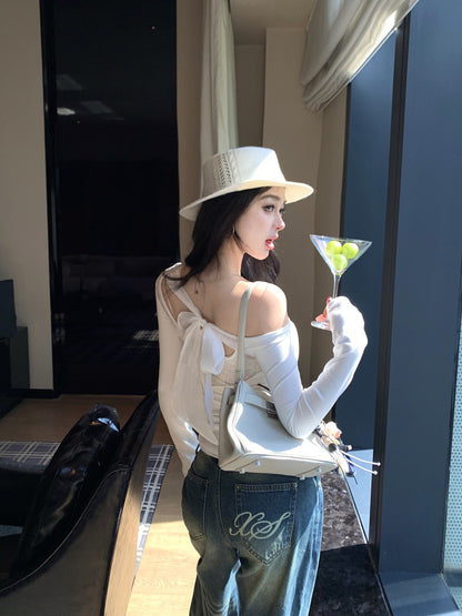 NA+ 辣妹半截縷空拼接露背綁帶上衣 白