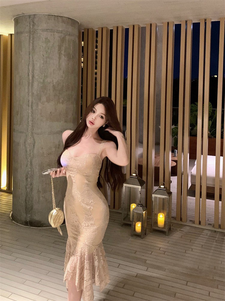 NA+ 頂流名媛性感蕾絲魚尾連身裙 杏