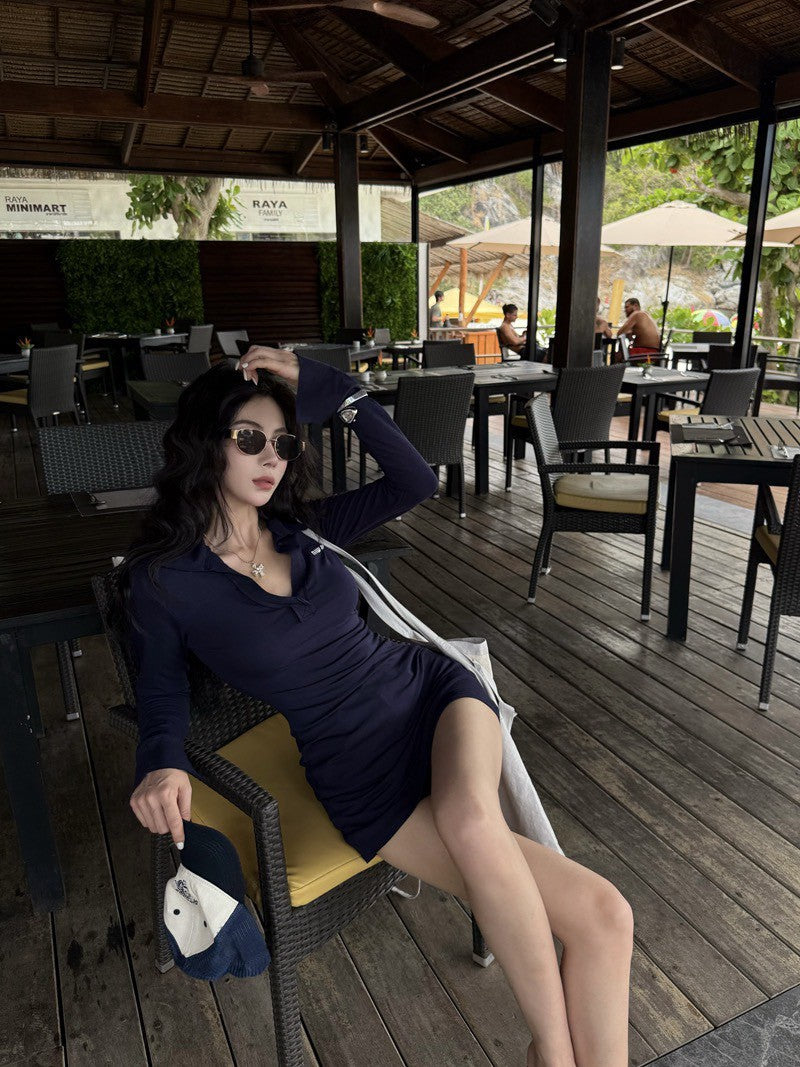 NA+ SO HOT辣妹polo領彈力連身裙 灰/藏藍