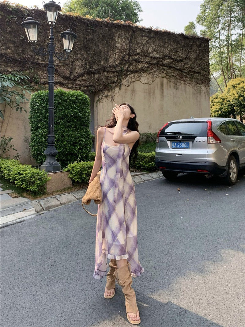 Na+ 溫柔紫調 復古格紋不規則裙擺連身裙 疊穿罩衫