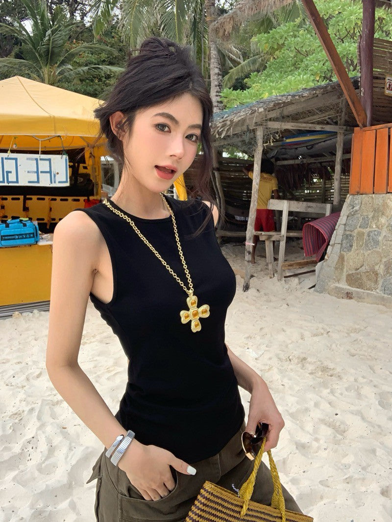 NA+ 美式簡約美腰縷空背心 白/黑