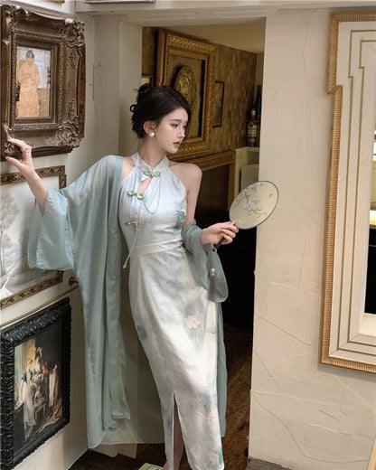 NA+ 禪意中式國風旗袍連身裙 雪紡罩衫 綠