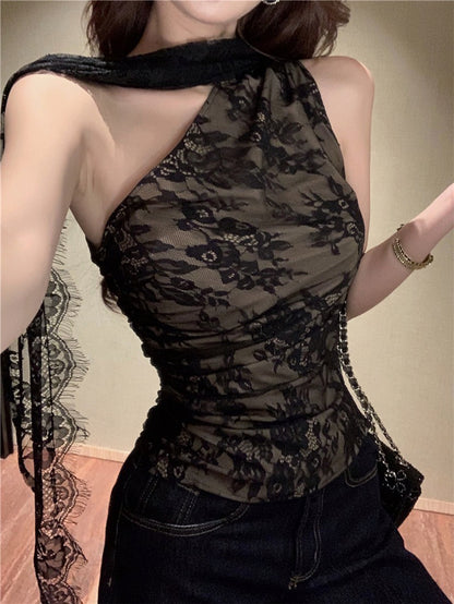 NA+ 偷心契約蕾絲飄帶上衣 杏白/黑