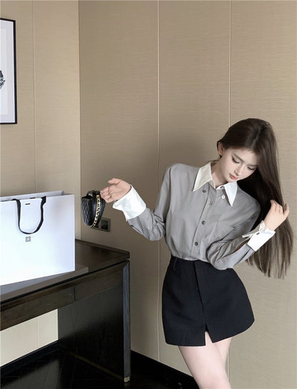 Na+ 職業往來～撞色假兩件式口袋襯衫 灰