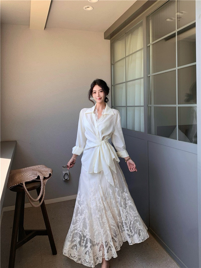 NA+ 韓女氣質蕾絲襯衫/重工蕾絲半身裙