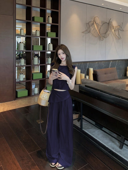 NA+ 本期主打 慵懶雙面穿上衣/不規則修身休閒褲 米杏/藍