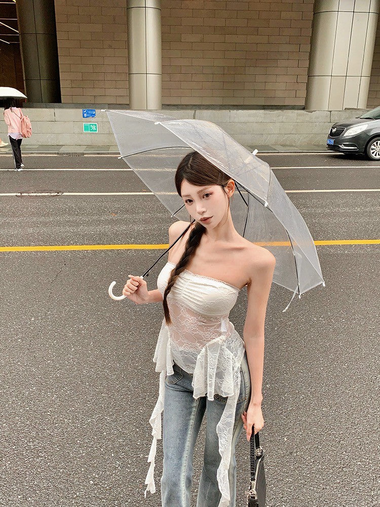 Na+ 帶胸墊半透蕾絲性感抹胸 白