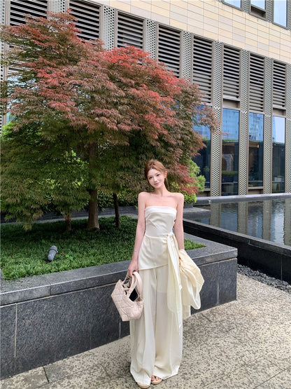 NA+ 米蘭假日 高雅抹胸側飄帶休閒褲套裝 白色