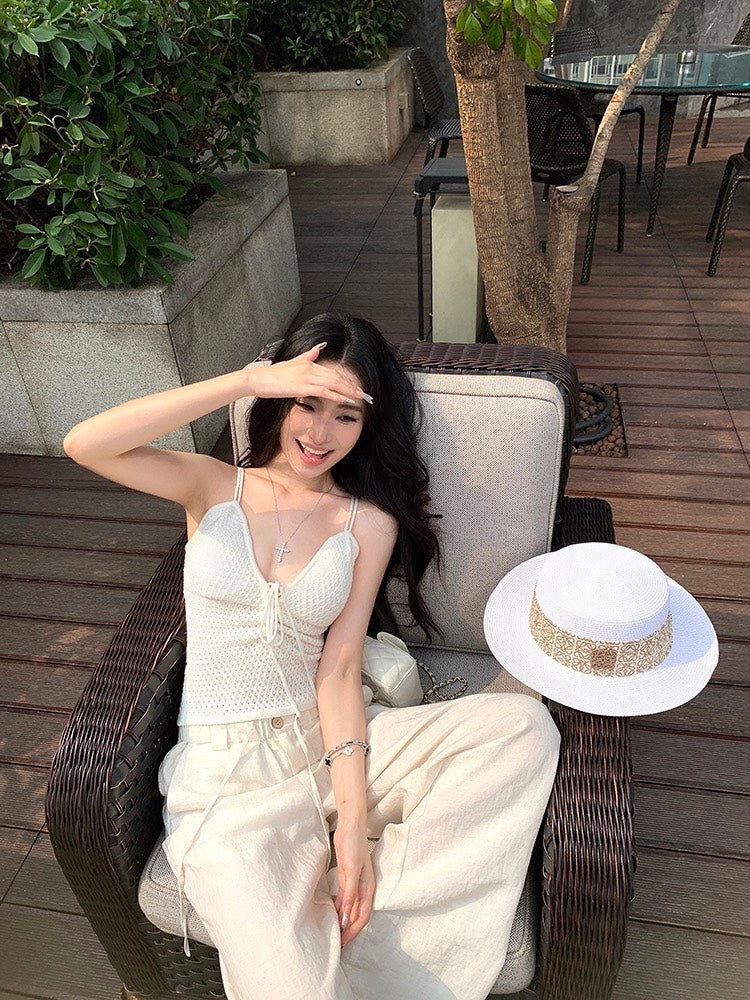 NA+ 華夫格鬆餅帶胸墊度假休閒背心 白 亞麻涼爽呼吸休閒褲