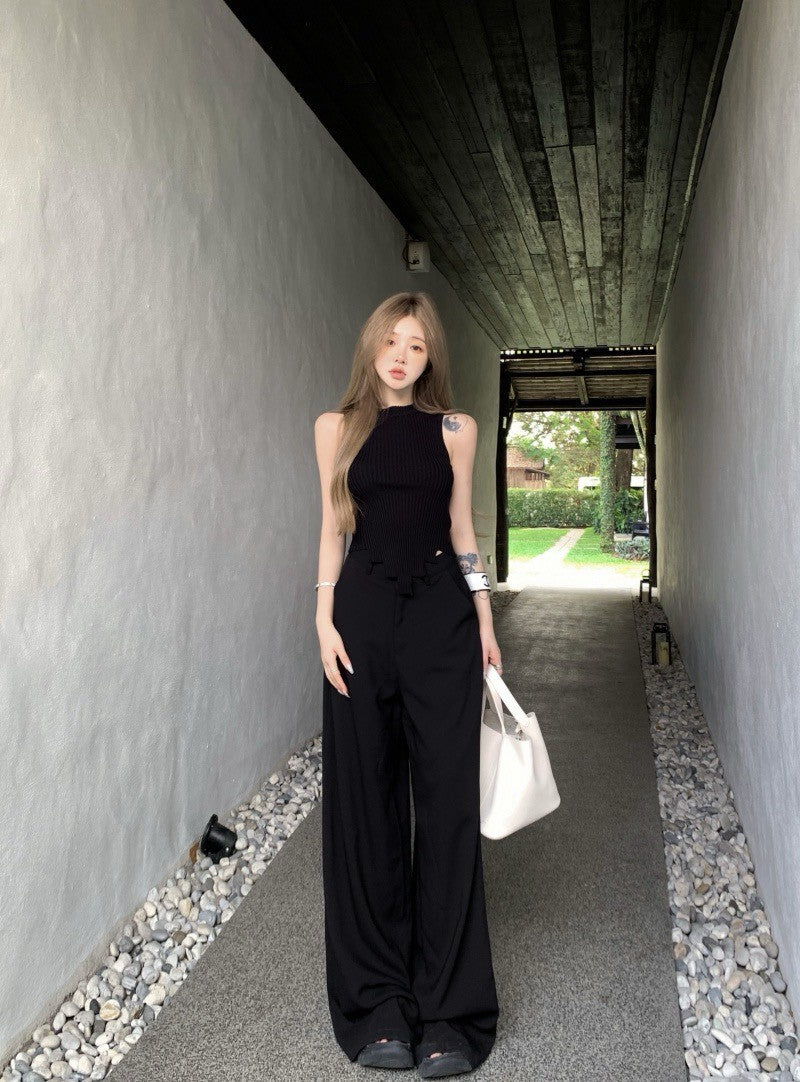 Na+ 不規則設計感針織背心 高腰通勤老錢休閒褲 黑