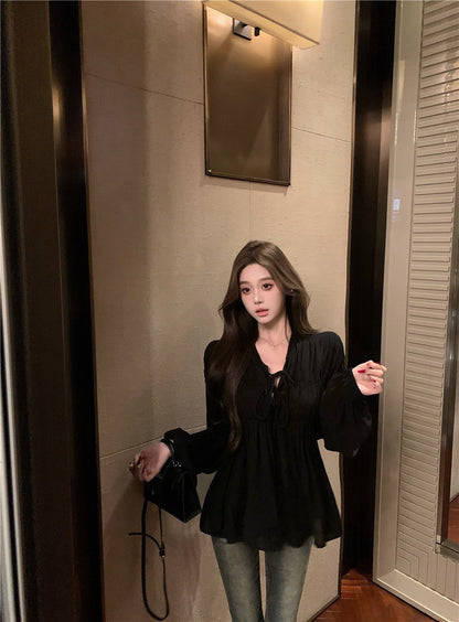 Na+ 法式氣質純色燈籠袖綁帶襯衫上衣 黑