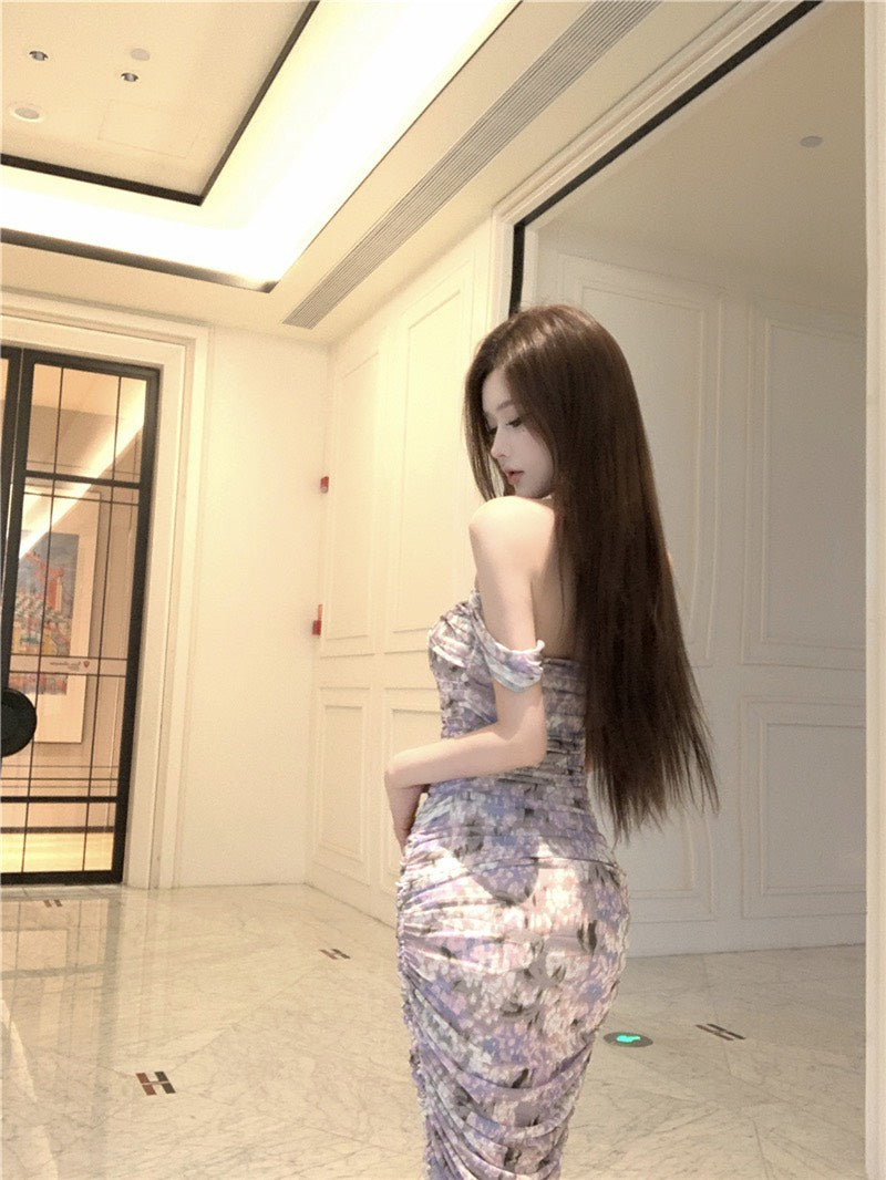 NA+ 漫野碎花極致純慾V領暈染連身裙 紫花