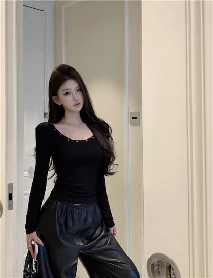 Na+ 基礎簡約圓釘U領上衣 軍綠/白/黑