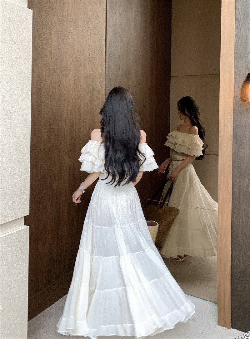 NA+ 清邁渡假 中古娃娃宮廷一字領上衣/大裙擺半身裙