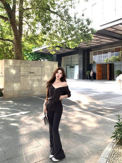 NA+ 休閒穿 毛巾料連帽修身外套/抽繩喇叭褲 米白/深灰