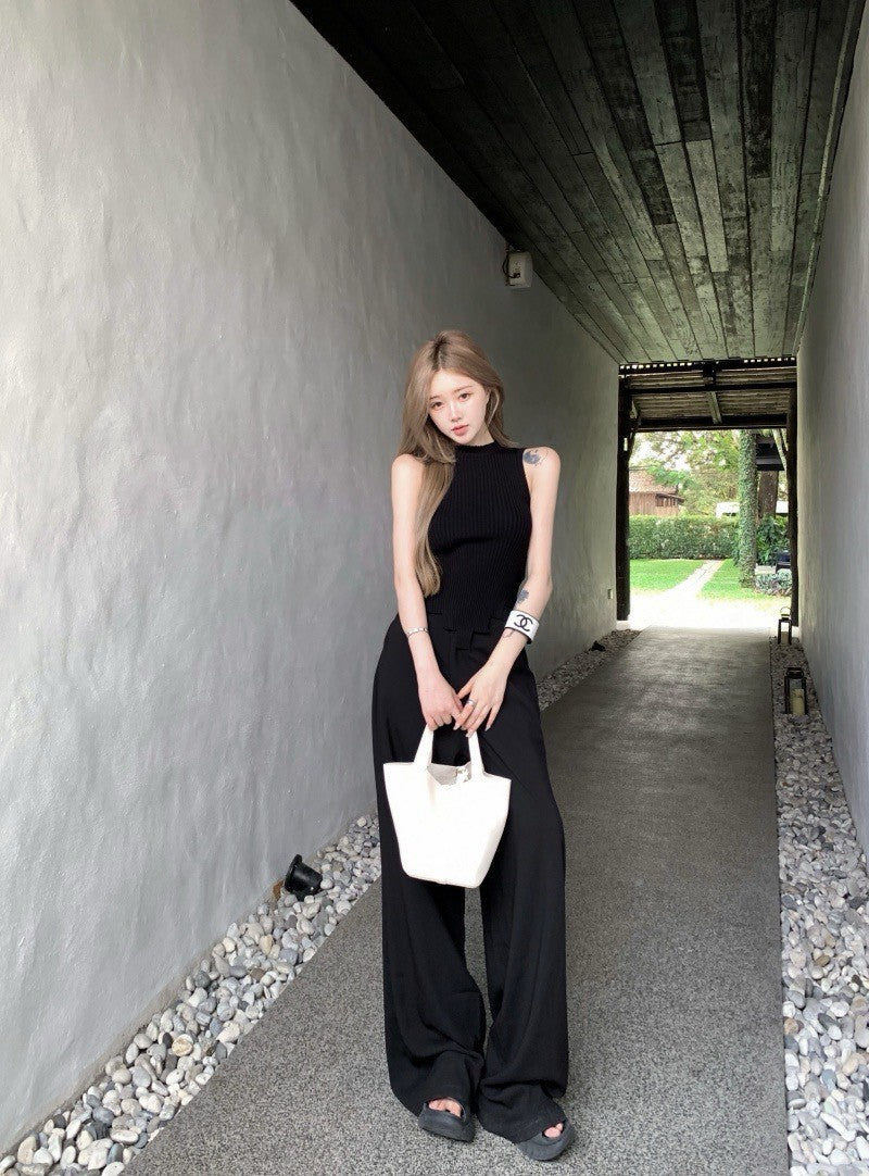 Na+ 不規則設計感針織背心 高腰通勤老錢休閒褲 黑