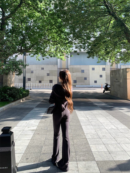 NA+ 休閒穿 毛巾料連帽修身外套/抽繩喇叭褲 米白/深灰