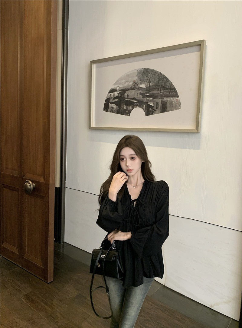 Na+ 法式氣質純色燈籠袖綁帶襯衫上衣 黑