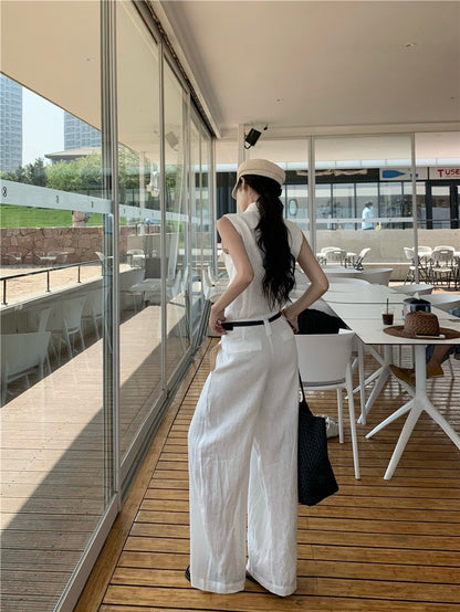 NA+ 老錢vibe 高量亞麻簡約背心/高腰休閒褲 白