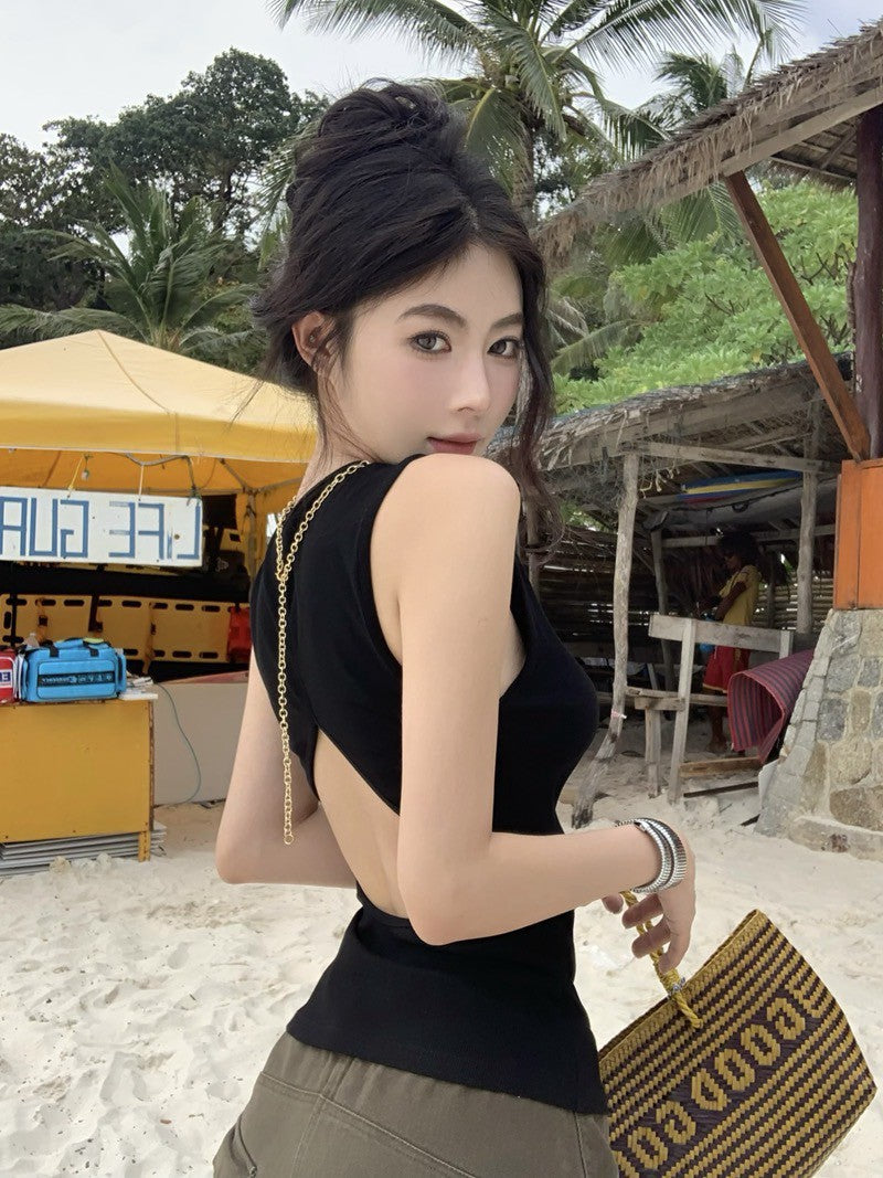 NA+ 美式簡約美腰縷空背心 白/黑