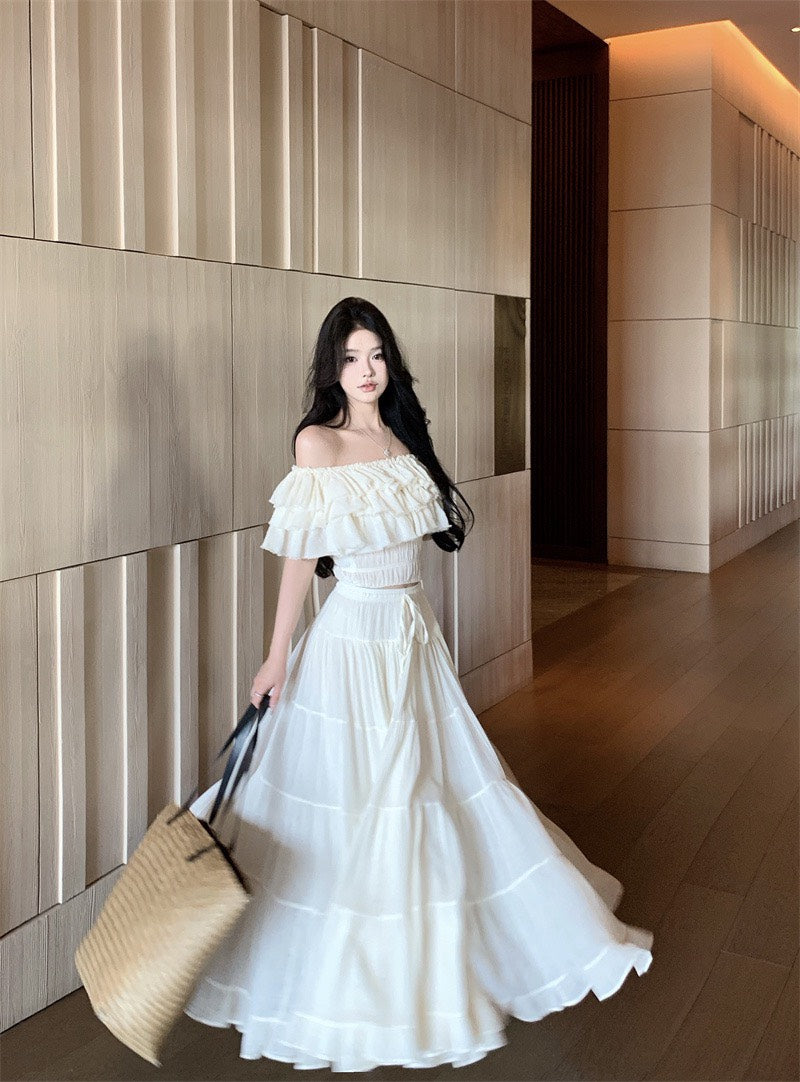 NA+ 清邁渡假 中古娃娃宮廷一字領上衣/大裙擺半身裙