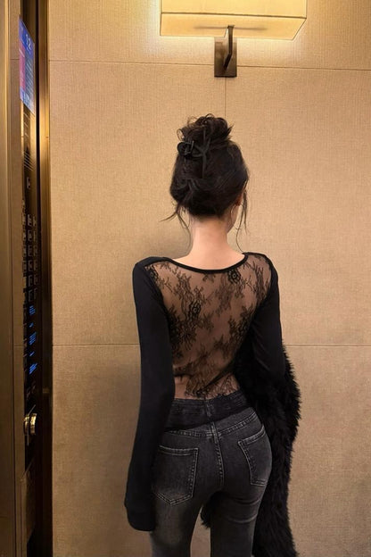 Na+ 性感美背蕾絲棉設計感上衣 黑