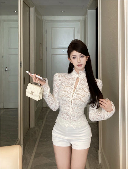 Na+ 中式立領性感顯瘦蕾絲上衣 奶白