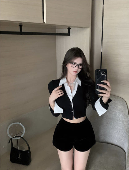 Na+ 韓女秘書 假兩件撞色襯衫短款上衣 黑