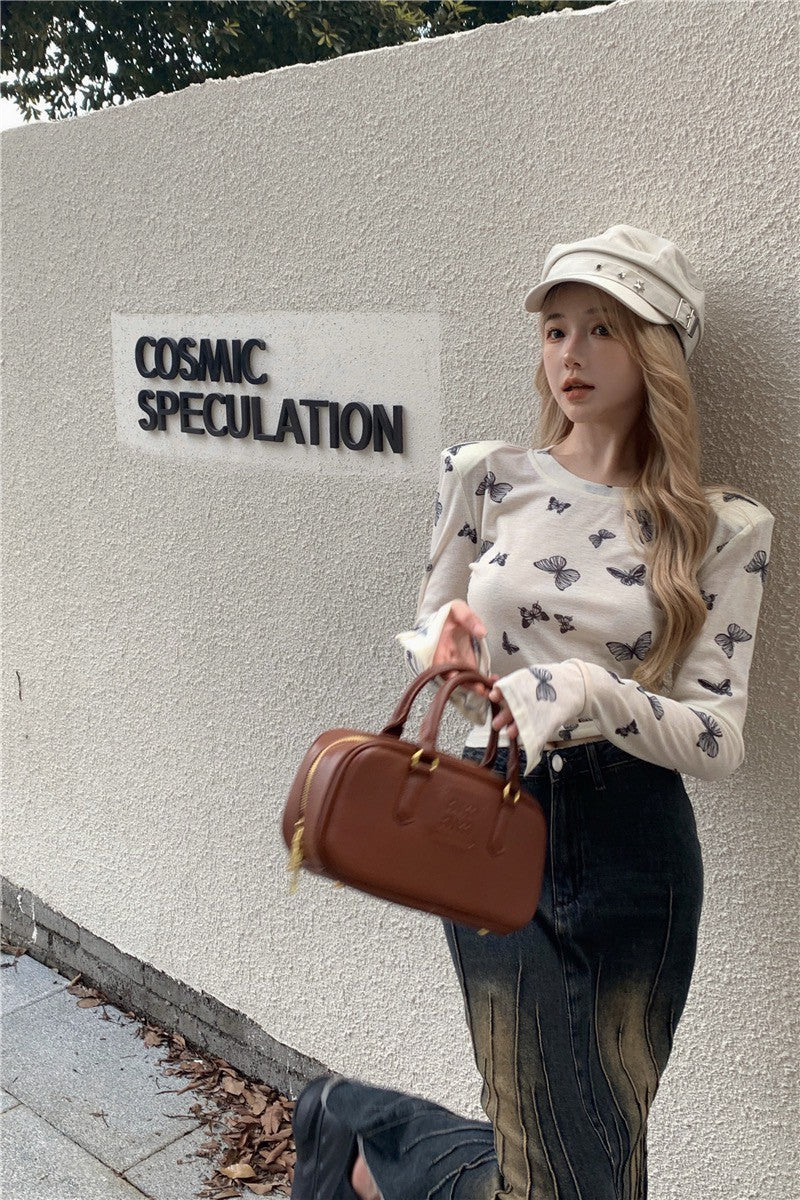 Na+ Lucky蝴蝶印花透視彈力上衣 杏