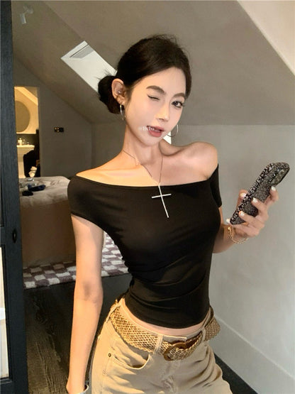 Na+ 歐美辣妹不規則一字露背彈力上衣 灰/黑