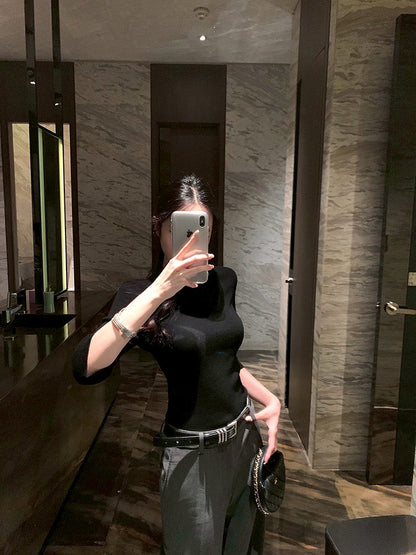 ''Na+''低調氛圍 5分袖修身針織上衣 灰/黑 中腰休閒褲