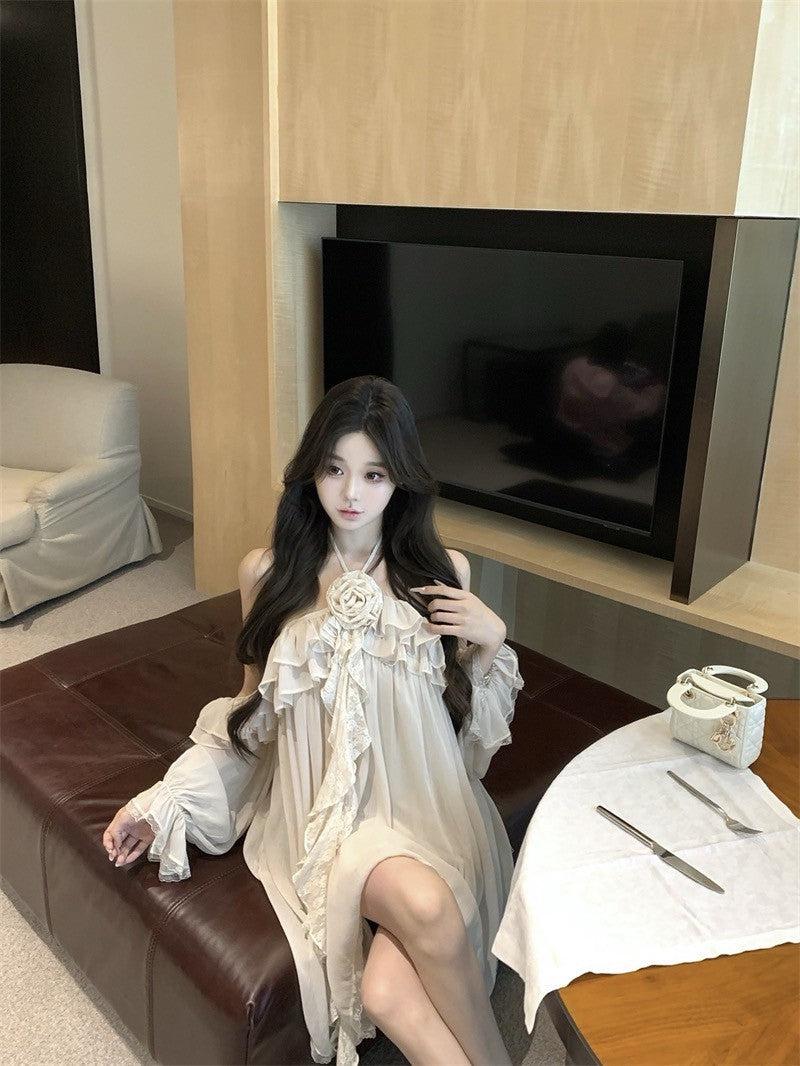 Na+ 精靈仙境夢幻法式荷葉掛脖連身裙 杏