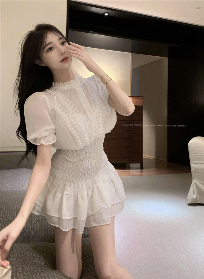 NA+ 清透冷茶熱銷再版娃娃領收腰連身裙 白
