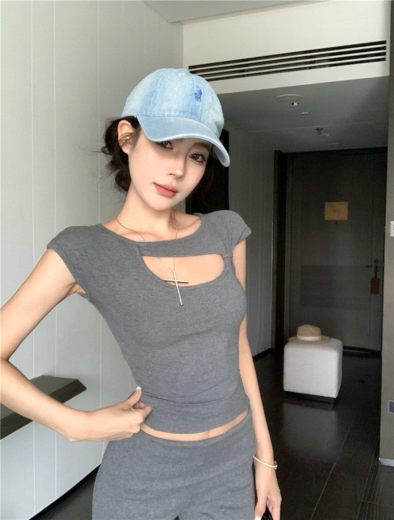 Na+ 人身辣tee 不規則縷空設計修身上衣 白/灰