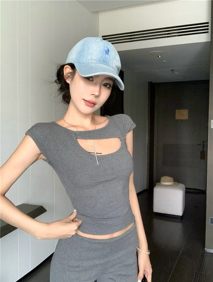 Na+ 人身辣tee 不規則縷空設計修身上衣 白/灰