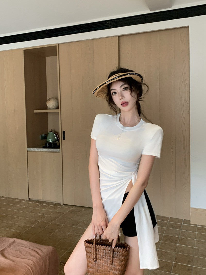 Na+ 簡約圓領側腰開叉顯瘦上衣 白