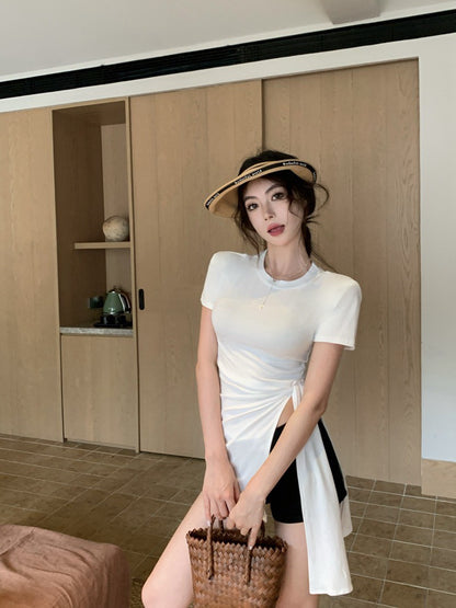 Na+ 簡約圓領側腰開叉顯瘦上衣 白