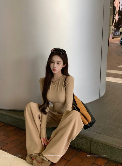 NA+ 美式簡約彈力緊身上衣 蕾絲休閒褲 黑/杏